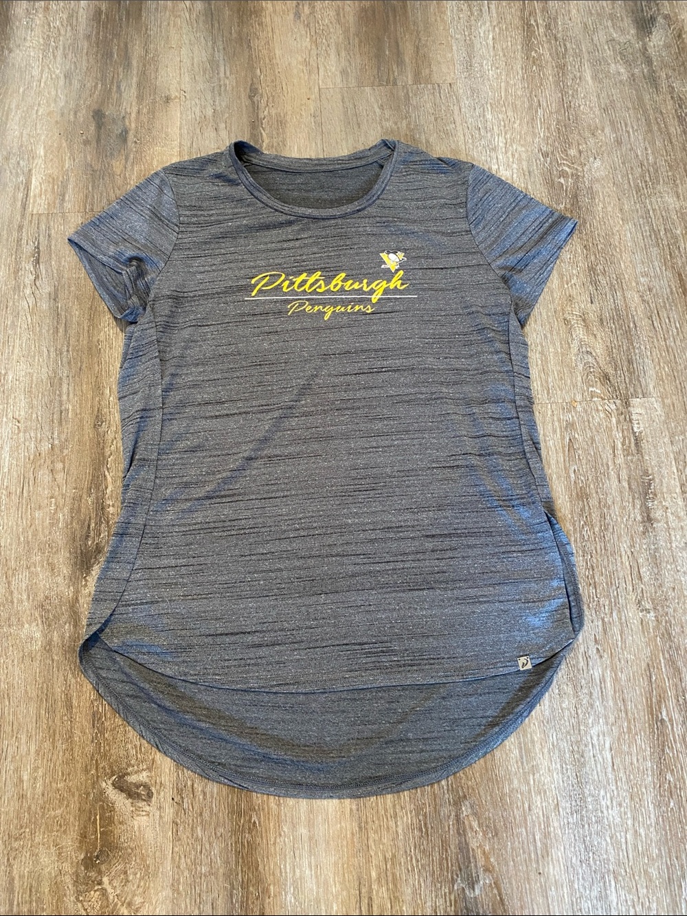 NHL Women's Heather Gray Pittsburgh Penguins Script Tee with Yellow Logo